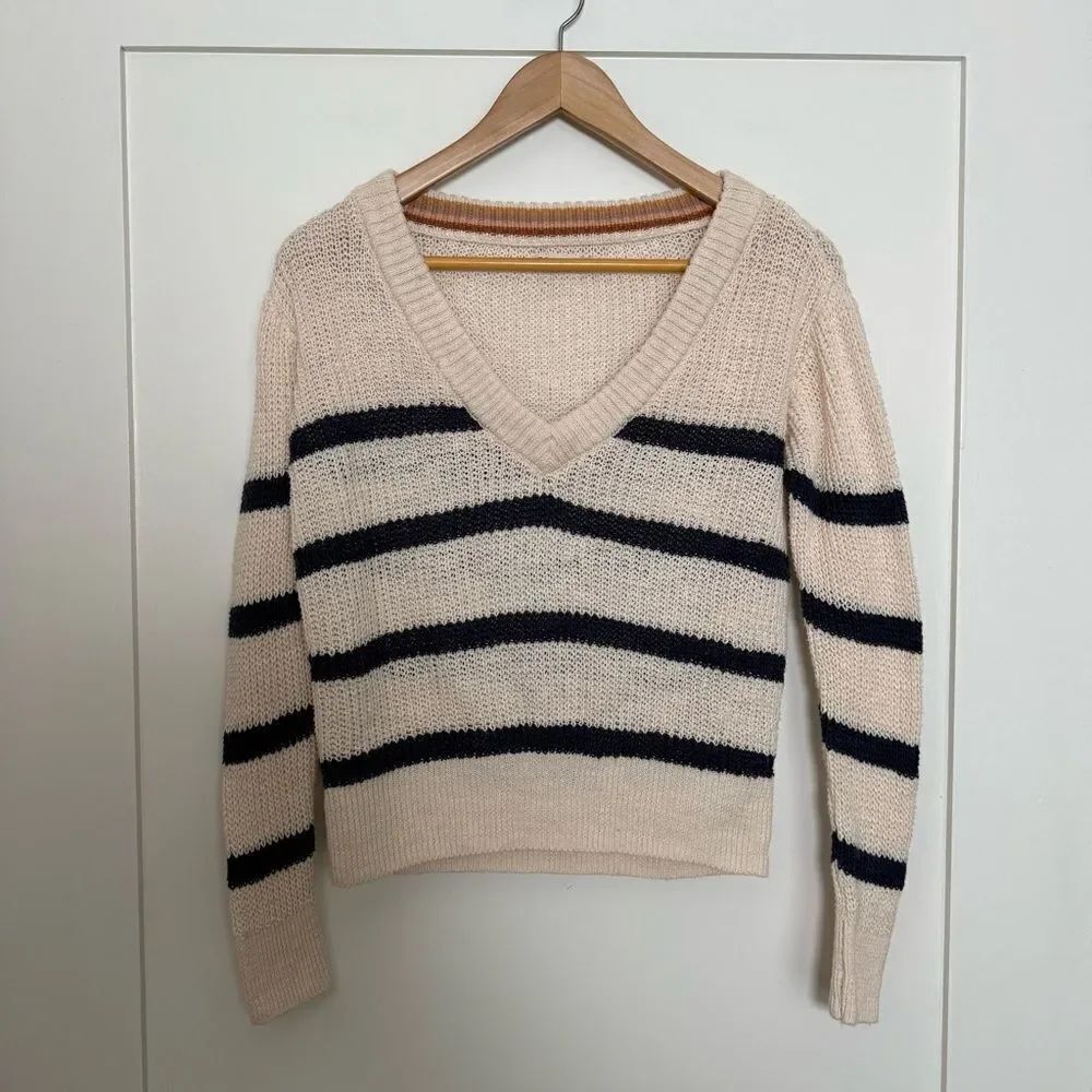 Faherty Sweater Womens Sz XS Miramar Stripe Linen Cotton Chunky Knit V Neck Boho